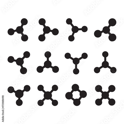 Collection of twelve black molecular structure icons isolated on white background, illustrating various atomic arrangements and bonds technology background