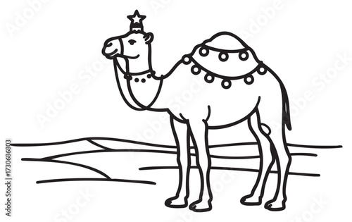 Festive camel with star adornments in desert landscape - stock vector
