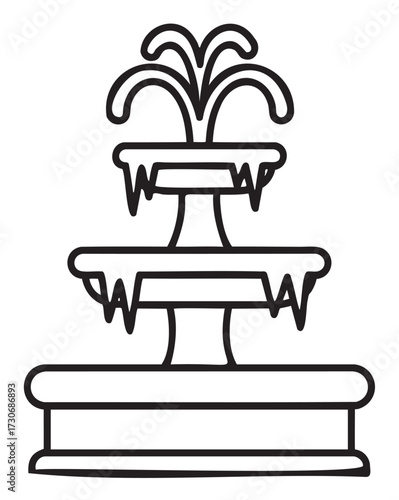 Outline of frozen water fountain with icicles on three tiers - stock vector