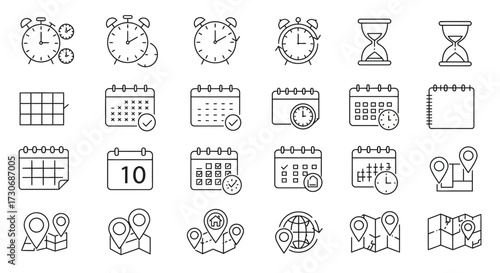 Time and Location Icon Set – Clocks Calendars Maps and Navigation Symbols