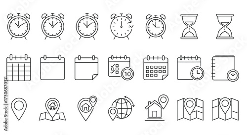 Time and Location Icon Set – Clocks Calendars Maps and Navigation Symbols