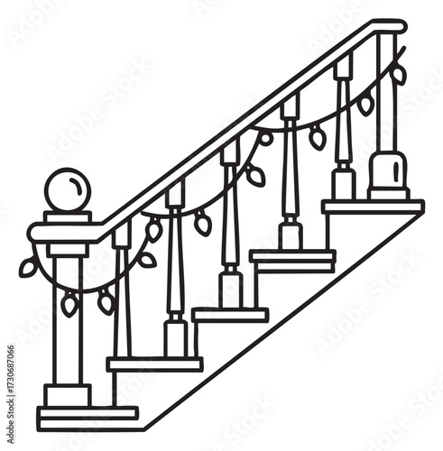 Festive garland on staircase with decorative newel post and balusters - stock vector