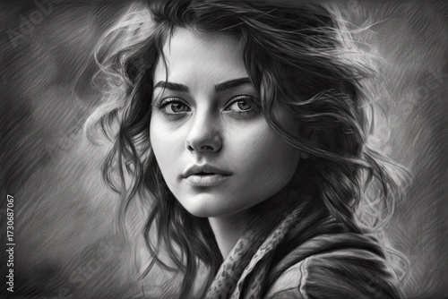 A striking black and white charcoal-like portrait of a young woman with captivating eyes and windswept hair.