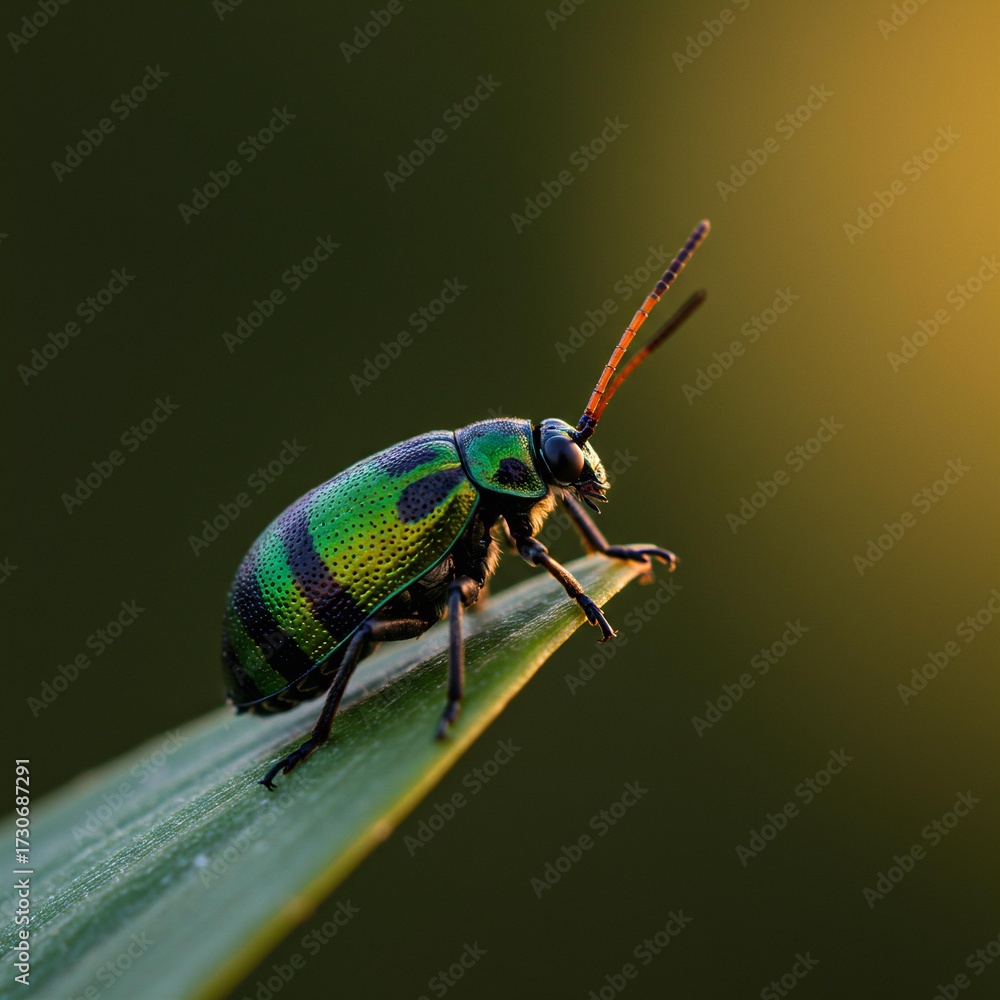Fototapeta premium Vibrant Green Striped Beetle on a Leaf.