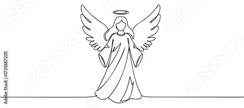 Minimalist line art of angel with wings and halo in graceful pose - stock vector