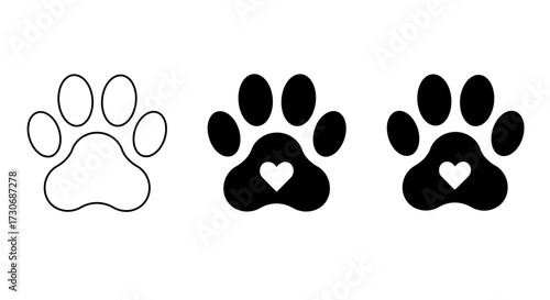 Cute Paw Print Icons with Heart – Pet Love Footprint Silhouettes