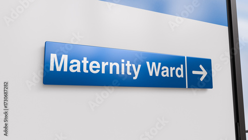 Photos A Blue Maternity Ward Sign With an Arrow in a Hospital Corridor