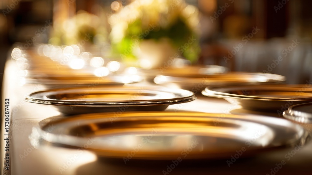 Obraz premium Elegant table setting with beautifully arranged plates ready for a prestigious dinner party,