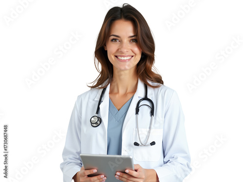 Friendly Young Female Doctor Holding Tablet and Smiling PNG