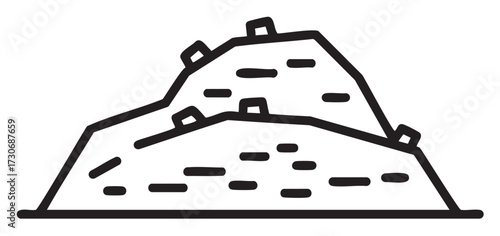 Simplistic mountain landscape with houses on hillside in black and white line art - stock vector