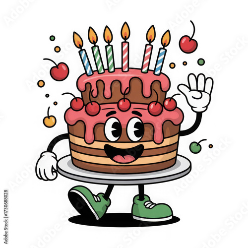 Funny cartoon birthday cake character with candles and arms isolated on transparent background