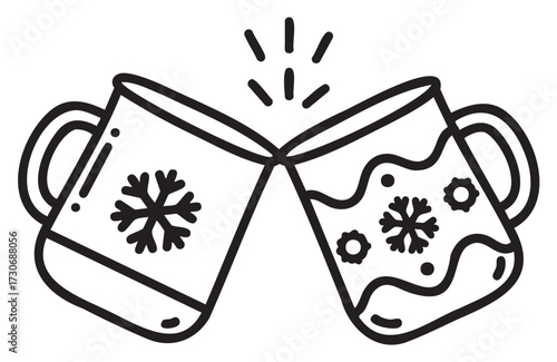 Winter celebration: clinking mugs with snowflake designs in black and white - stock vector