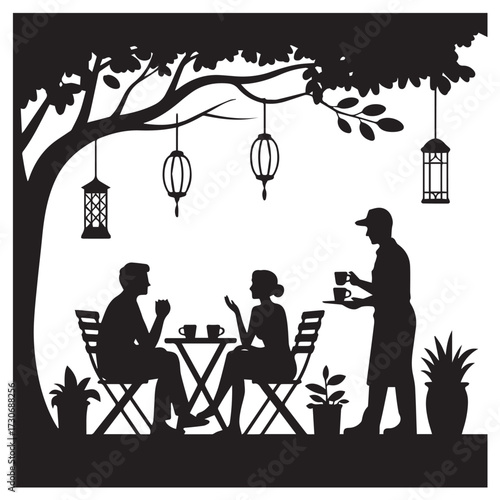 Silhouetted couple enjoying coffee at an outdoor cafe table under a large tree with hanging lanterns and a waiter serving them