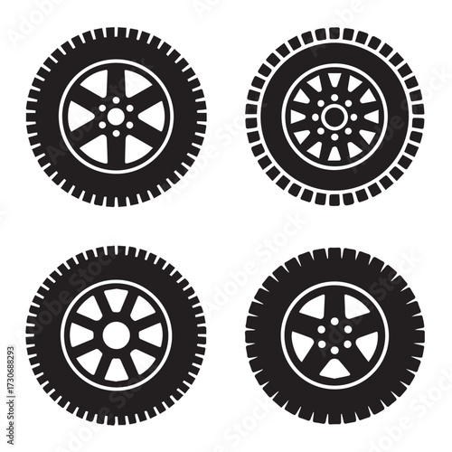 Set of four car tire icons with different tread patterns and rim designs isolated on white background technology background