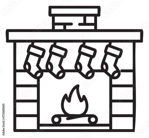 Chimney fireplace with hanging christmas stockings and fire - stock vector