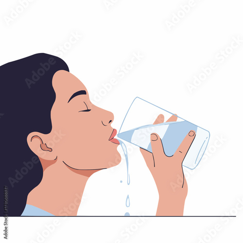 Woman drinking water from a glass with water spilling out  