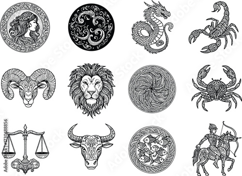 Intricate Zodiac Signs and Constellations Vector Art Collection for Horoscope, Astrology, Mystical, and Celestial Tattoo Designs in Detailed Engraving Blackwork Style