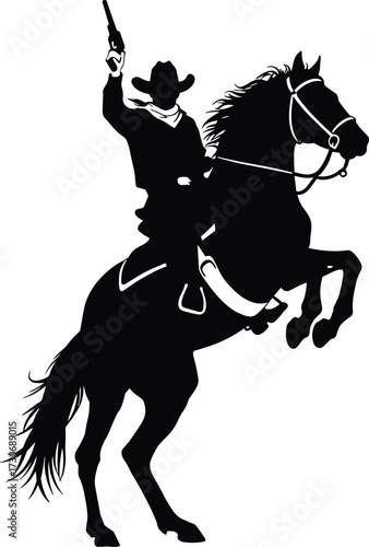 Cowboy Silhouette on Rearing Horse Vector Illustration, Wild West Rider Holding Gun, Dynamic Western Graphic for Rodeo, Adventure, and Vintage Poster Design