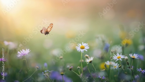 Delicate butterfly gracefully takes flight above a vibrant field of wildflowers, showcasing a serene and picturesque spring landscape with soft, blurred background and warm sunlight illuminating