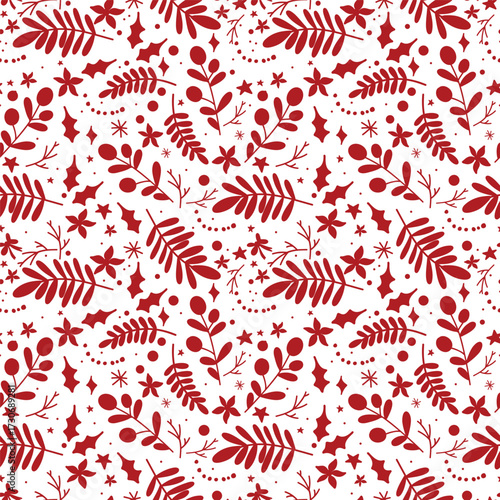 Christmas red and white pattern with leaves and berries. Christmas berries, branches. Christmas product packaging.