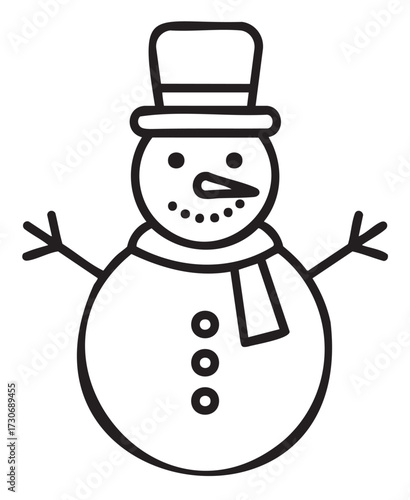 Cheerful snowman with top hat and scarf - black and white winter sketch - stock vector