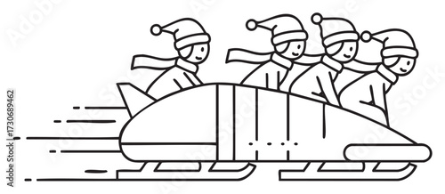 Cartoon depicting four male figures bobsledding in winter outfits with hats and scarves - stock vector