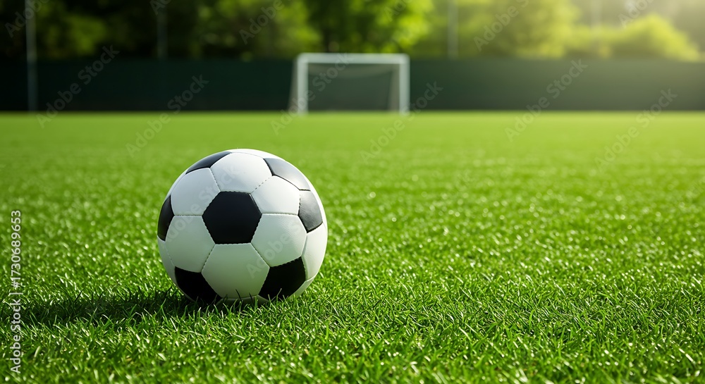 Fototapeta premium Soccer Ball on Lush Green Field with Goal in Background, Sunny Day.