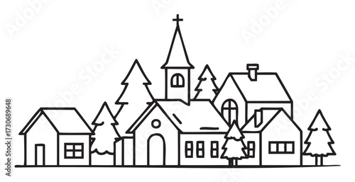 Black and white simple village scene with houses and church - stock vector
