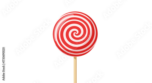 A sweet red and white swirled lollipop on a stick against a white background.