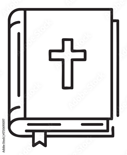 Simple line drawing of a bible with cross - stock vector