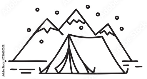 Monochrome mountain camping scene with tent and snowy peaks line art - stock vector