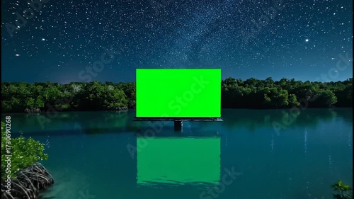 Green screen display in water at night with stars