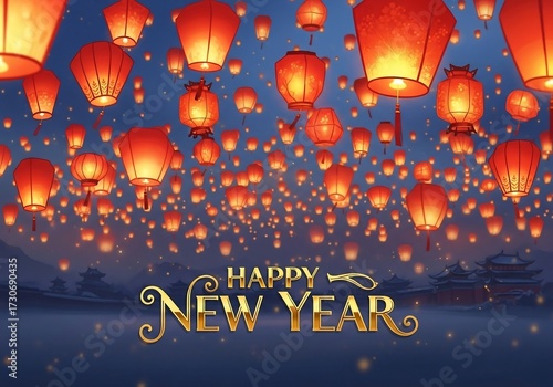 Happy New Year - Floating Sky Lanterns Reflecting on the River at Night