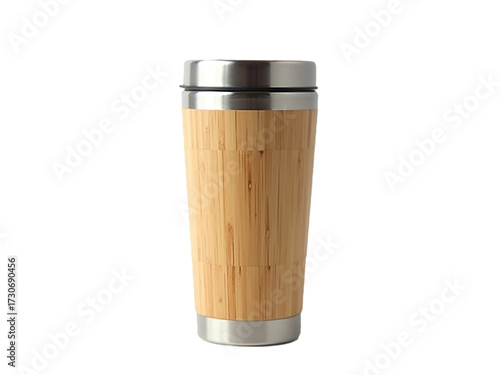 Eco-friendly bamboo travel mug with stainless steel finish isolated on Transparent Baclground PNG