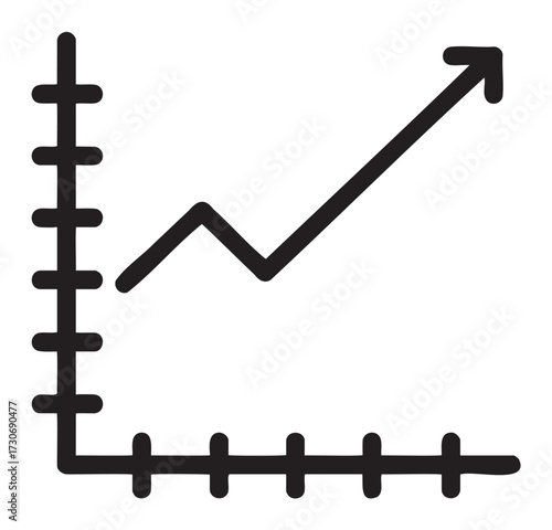 Hand-drawn rising line graph with arrow pointing upward on grid - stock vector