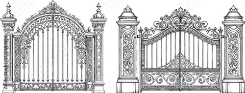 Ornate Wrought Iron Gates and Fence Vector Set, Vintage Victorian Style, Detailed Hand-Drawn Sketch, Architecture, and Luxury Entrance Design.