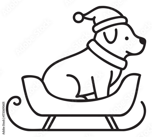 Dog in santa hat sitting on sleigh - festive holiday line art - stock vector