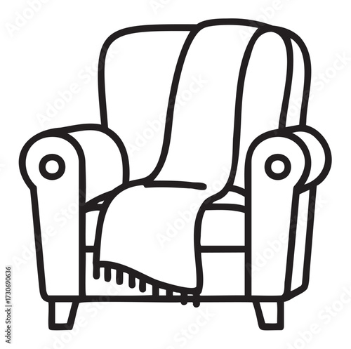 Cozy armchair with blanket line art illustration - stock vector
