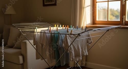 Warm Sunlight Illuminates Clothes Drying Rack with Colorful Clothespins in Cozy Room.