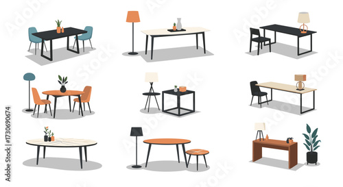 A collection of various dining tables and chairs in different styles and colors.