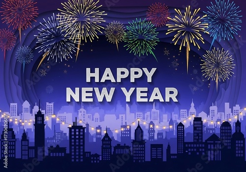 Happy New Year - Spectacular Fireworks over a City Skyline