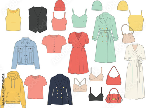 Large Collection of Modern Casual Clothing Vector Set, Dresses, Jackets, Sweaters, Tops, Accessories, and Hats for Fashion Design.