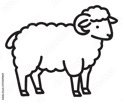 Outline of a sheep with curly wool and detailed facial features - stock vector
