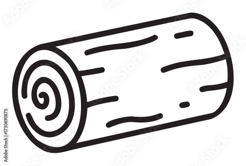 Black and white line art illustration of a wooden log with spiral end design - stock vector