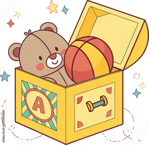 Adorable teddy bear pops out of a bright yellow jack-in-the-box with a toy ball isolated on transparent background