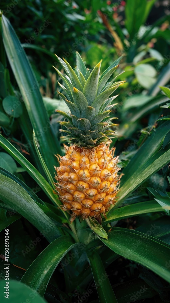 Obraz premium Close-up of a small pineapple growing with green spiky leaves and vibrant yellow fruit