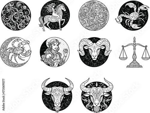 Ornate Zodiac Signs and Mystical Symbols Vector Set, Detailed Hand-Drawn Engraving Style Illustrations for Horoscope, Spirituality, and Intricate Tattoo Art