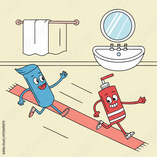 Cartoon shampoo bottle and soap bar having fun sliding down a towel isolated on transparent background
