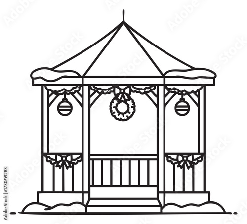 Festive winter gazebo with snowy decorations and wreath accents - stock vector
