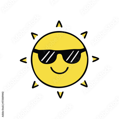 Cool Smiling Sun with Sunglasses. A vibrant yellow orb radiating joy, sporting trendy dark eyewear. This playful doodle embodies warmth, happiness, and a carefree seasonal spirit.